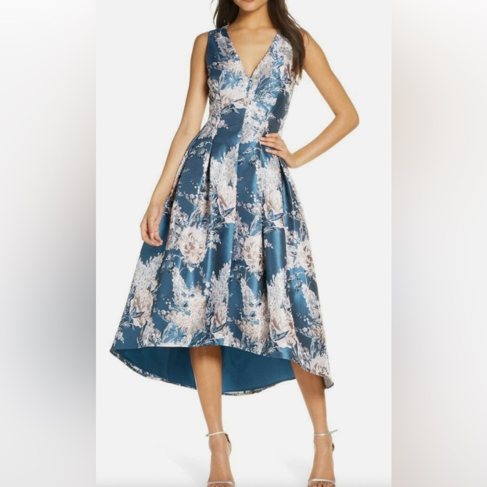 Eliza J Teal and Cream Floral High Low Dress